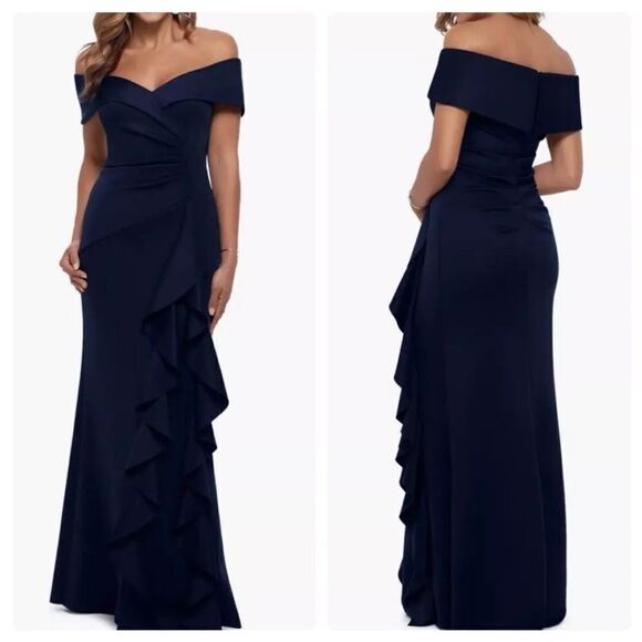 XSCAPE NWT Ruffled Off-The-Shoulder Gown 4581XN Midnight size 8 - Picture 1 of 9